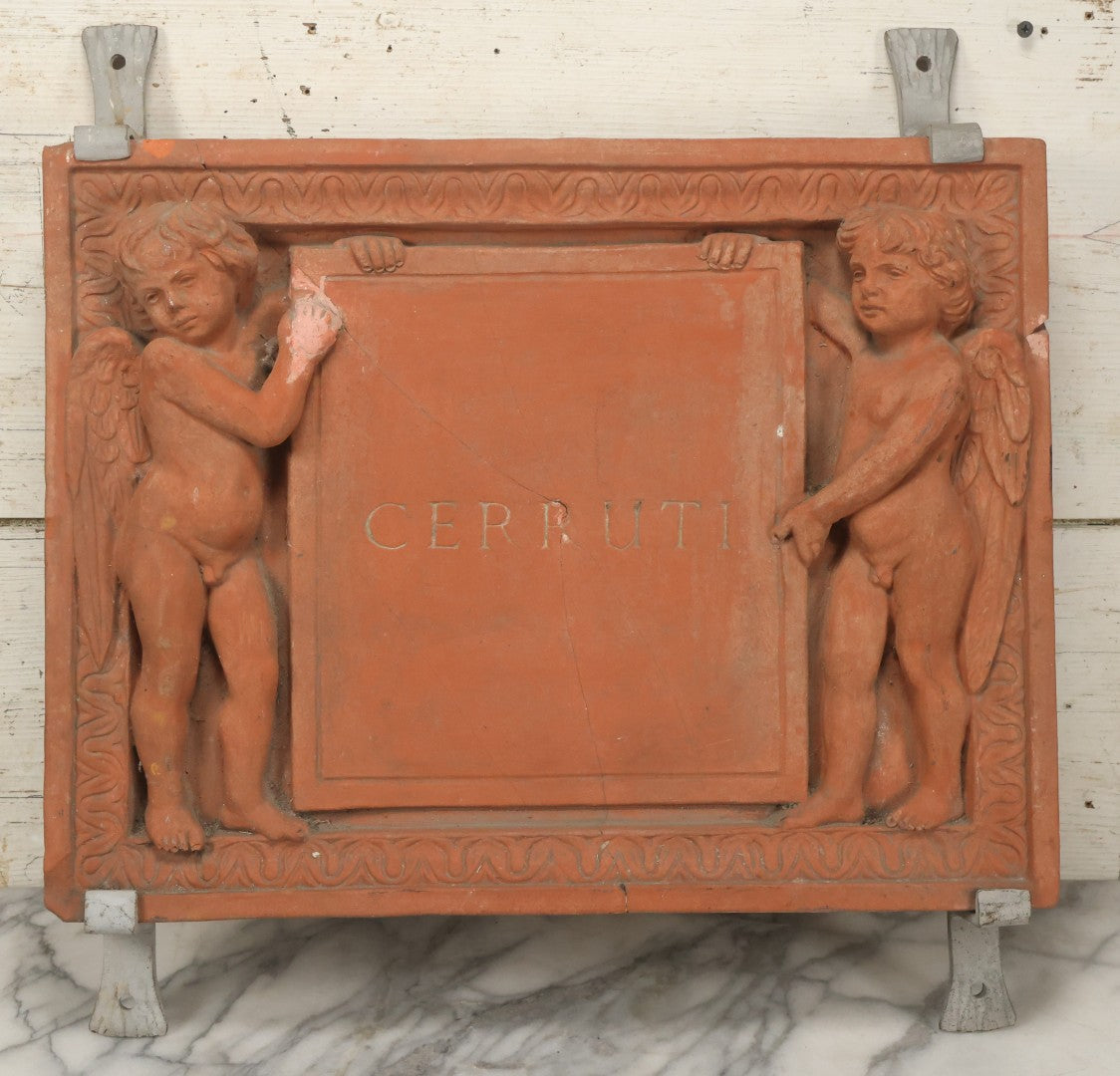 Lot 004 - Vintage Cast Terracotta Relief Family Grave Marker Plaque, Cerruti Family, With Cherubs On Either Side, Including Metal Brackets, Note Repairs, Heavy Damage, 19" x 19-7/8"