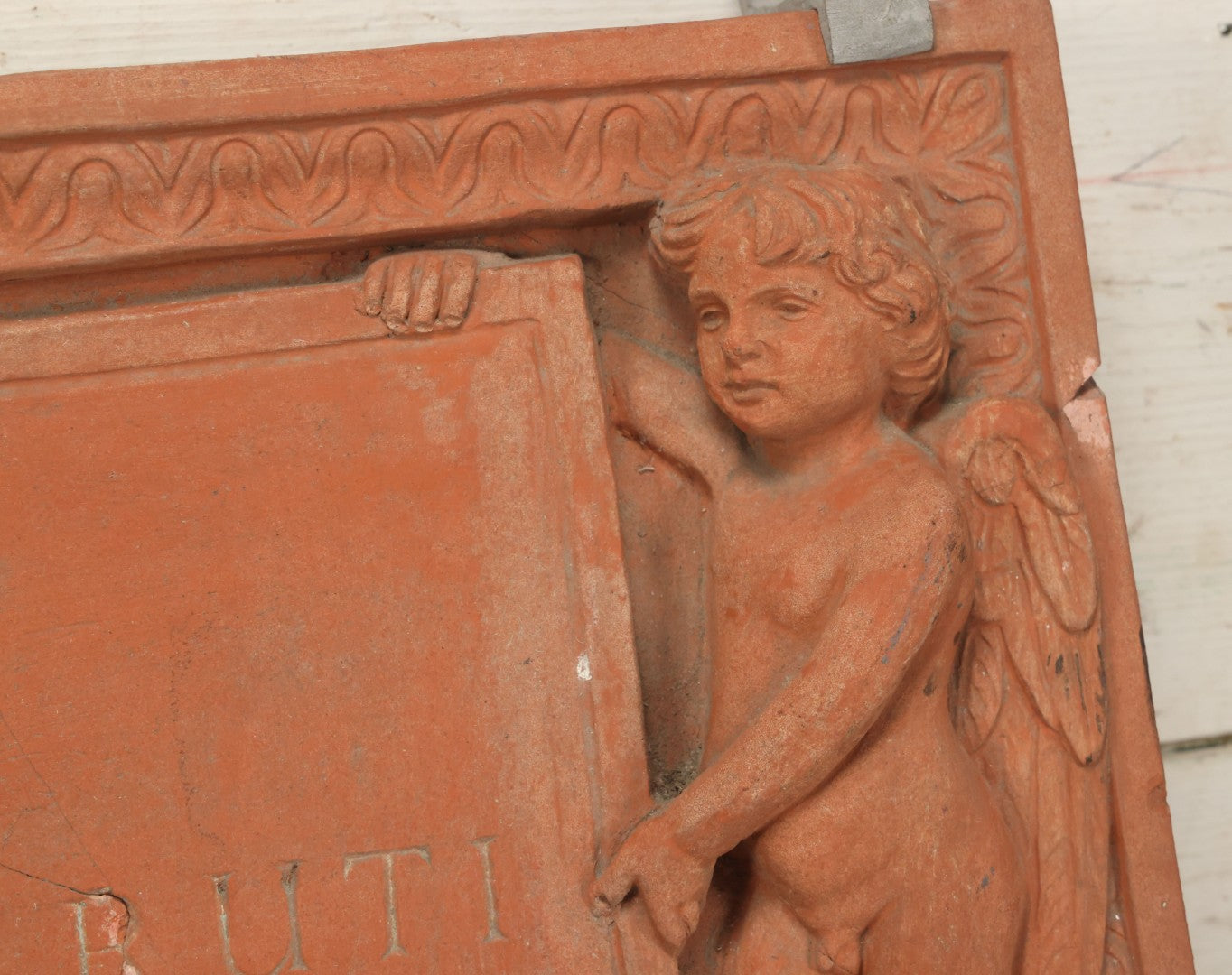 Lot 004 - Vintage Cast Terracotta Relief Family Grave Marker Plaque, Cerruti Family, With Cherubs On Either Side, Including Metal Brackets, Note Repairs, Heavy Damage, 19" x 19-7/8"