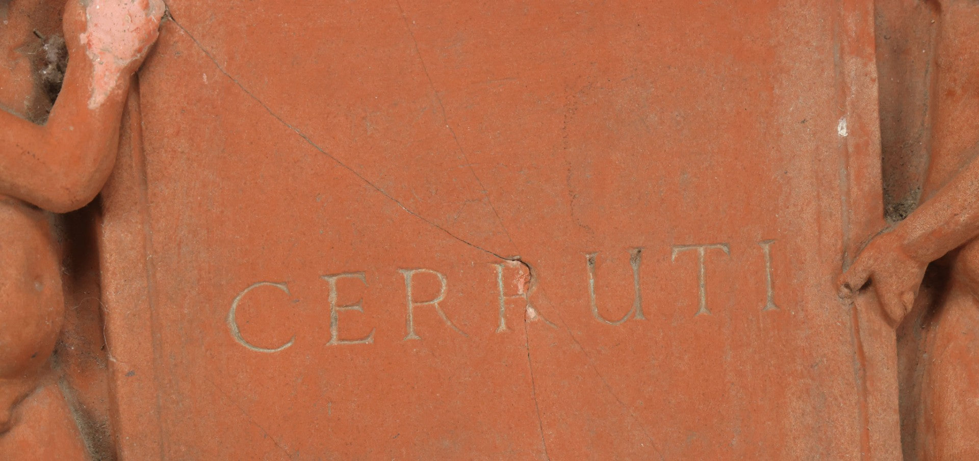 Lot 004 - Vintage Cast Terracotta Relief Family Grave Marker Plaque, Cerruti Family, With Cherubs On Either Side, Including Metal Brackets, Note Repairs, Heavy Damage, 19" x 19-7/8"