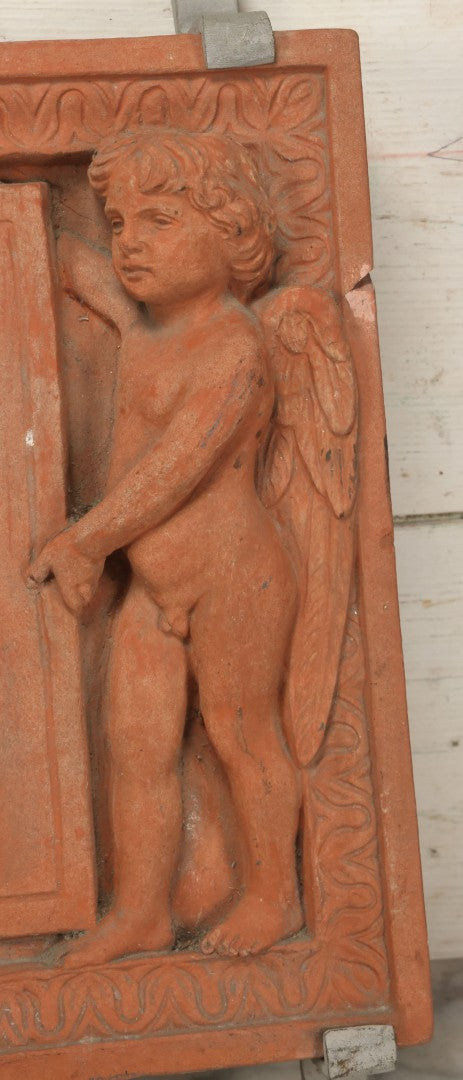 Lot 004 - Vintage Cast Terracotta Relief Family Grave Marker Plaque, Cerruti Family, With Cherubs On Either Side, Including Metal Brackets, Note Repairs, Heavy Damage, 19" x 19-7/8"