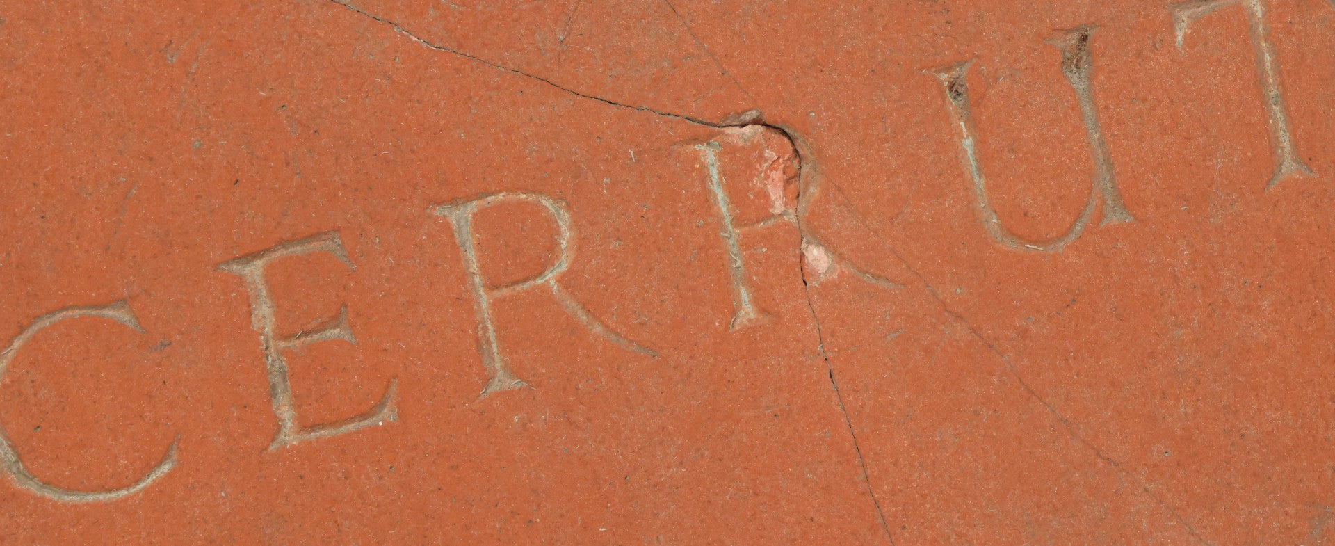 Lot 004 - Vintage Cast Terracotta Relief Family Grave Marker Plaque, Cerruti Family, With Cherubs On Either Side, Including Metal Brackets, Note Repairs, Heavy Damage, 19" x 19-7/8"