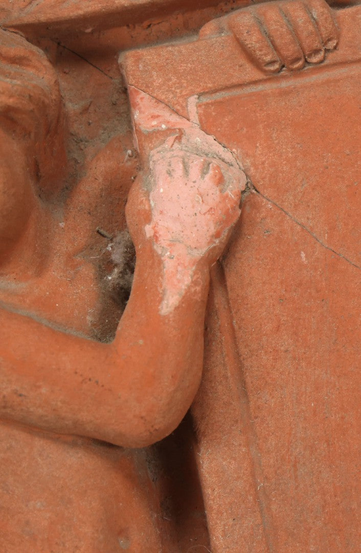 Lot 004 - Vintage Cast Terracotta Relief Family Grave Marker Plaque, Cerruti Family, With Cherubs On Either Side, Including Metal Brackets, Note Repairs, Heavy Damage, 19" x 19-7/8"