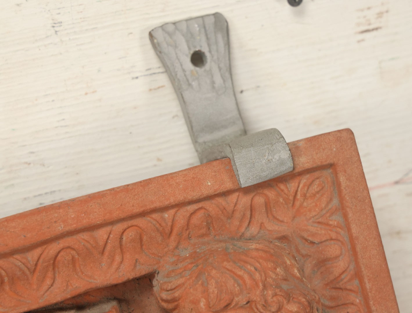 Lot 004 - Vintage Cast Terracotta Relief Family Grave Marker Plaque, Cerruti Family, With Cherubs On Either Side, Including Metal Brackets, Note Repairs, Heavy Damage, 19" x 19-7/8"