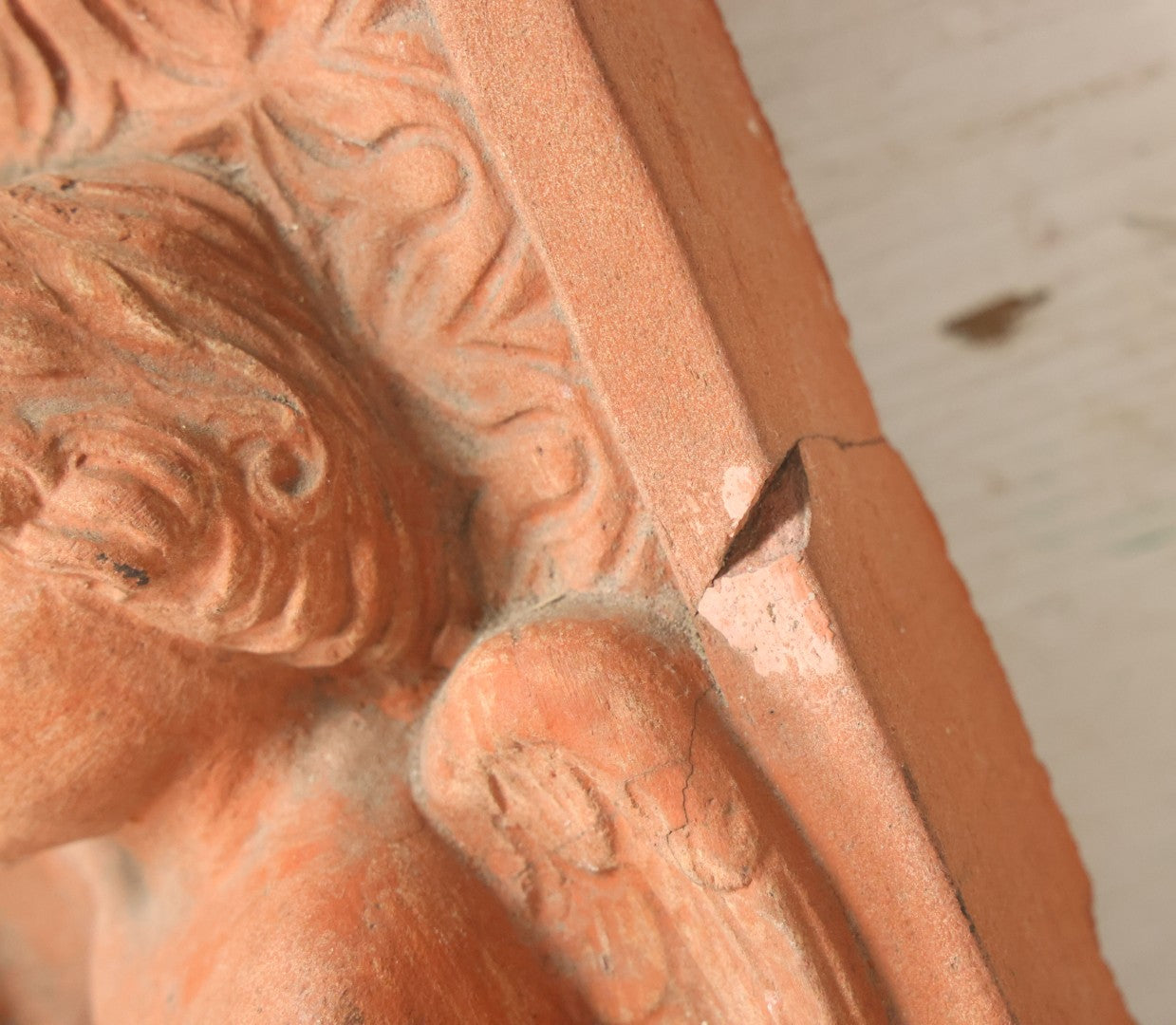 Lot 004 - Vintage Cast Terracotta Relief Family Grave Marker Plaque, Cerruti Family, With Cherubs On Either Side, Including Metal Brackets, Note Repairs, Heavy Damage, 19" x 19-7/8"