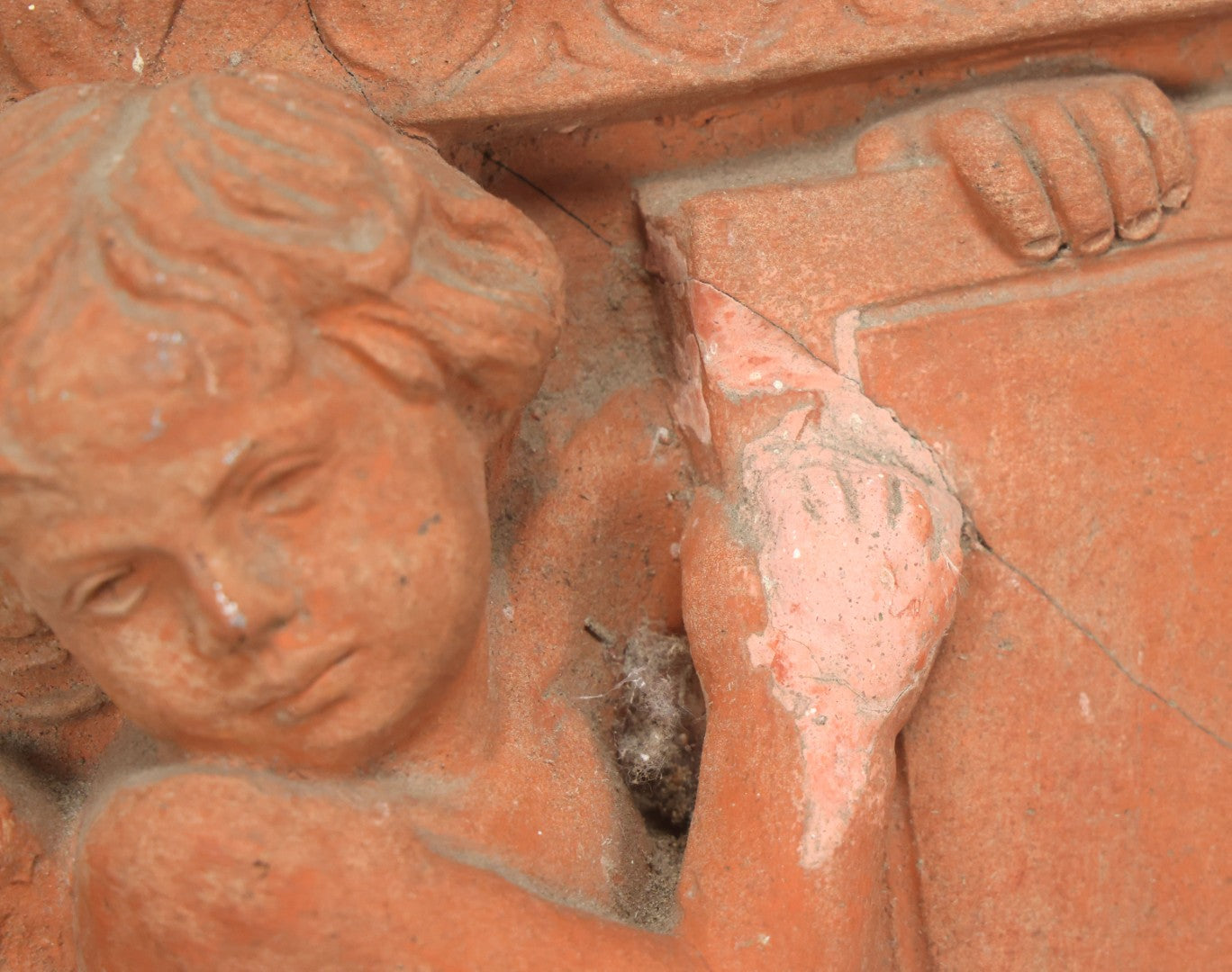 Lot 004 - Vintage Cast Terracotta Relief Family Grave Marker Plaque, Cerruti Family, With Cherubs On Either Side, Including Metal Brackets, Note Repairs, Heavy Damage, 19" x 19-7/8"