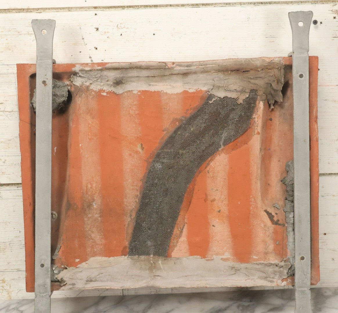 Lot 004 - Vintage Cast Terracotta Relief Family Grave Marker Plaque, Cerruti Family, With Cherubs On Either Side, Including Metal Brackets, Note Repairs, Heavy Damage, 19" x 19-7/8"