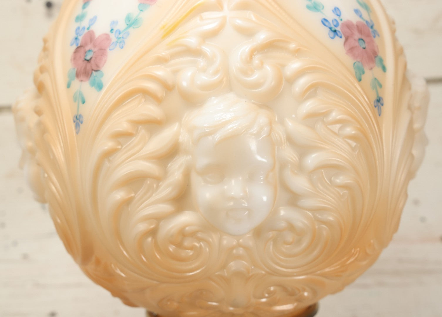 Lot 006 - Antique Victorian Electrified Gone With The Wind Oil Lamp With Ornate Metal Base & Embossed Cherub Glass Globe, Note Cracks, Repairs To Globe, Working Condition, Approximately 26" Overall Height