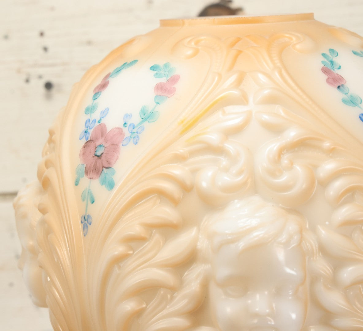 Lot 006 - Antique Victorian Electrified Gone With The Wind Oil Lamp With Ornate Metal Base & Embossed Cherub Glass Globe, Note Cracks, Repairs To Globe, Working Condition, Approximately 26" Overall Height