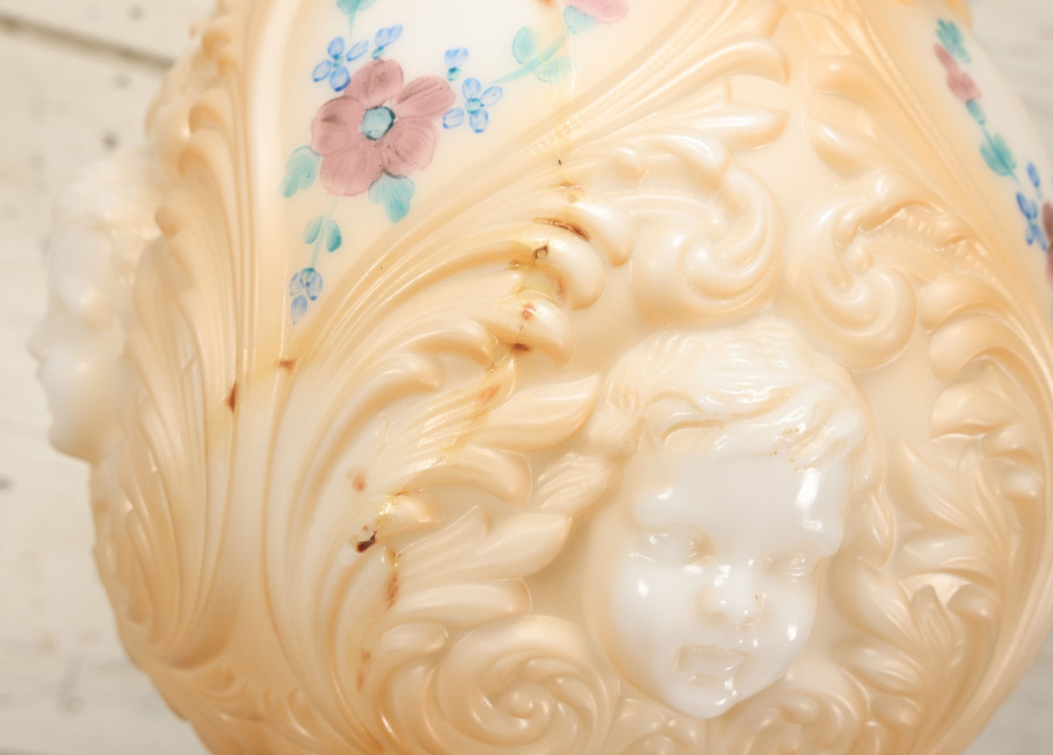 Lot 006 - Antique Victorian Electrified Gone With The Wind Oil Lamp With Ornate Metal Base & Embossed Cherub Glass Globe, Note Cracks, Repairs To Globe, Working Condition, Approximately 26" Overall Height