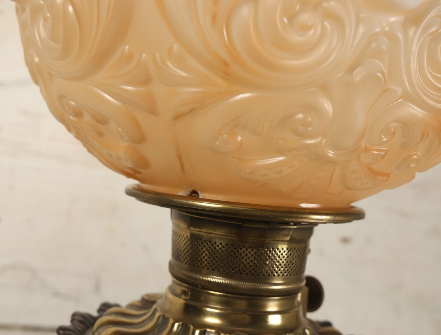 Lot 006 - Antique Victorian Electrified Gone With The Wind Oil Lamp With Ornate Metal Base & Embossed Cherub Glass Globe, Note Cracks, Repairs To Globe, Working Condition, Approximately 26" Overall Height