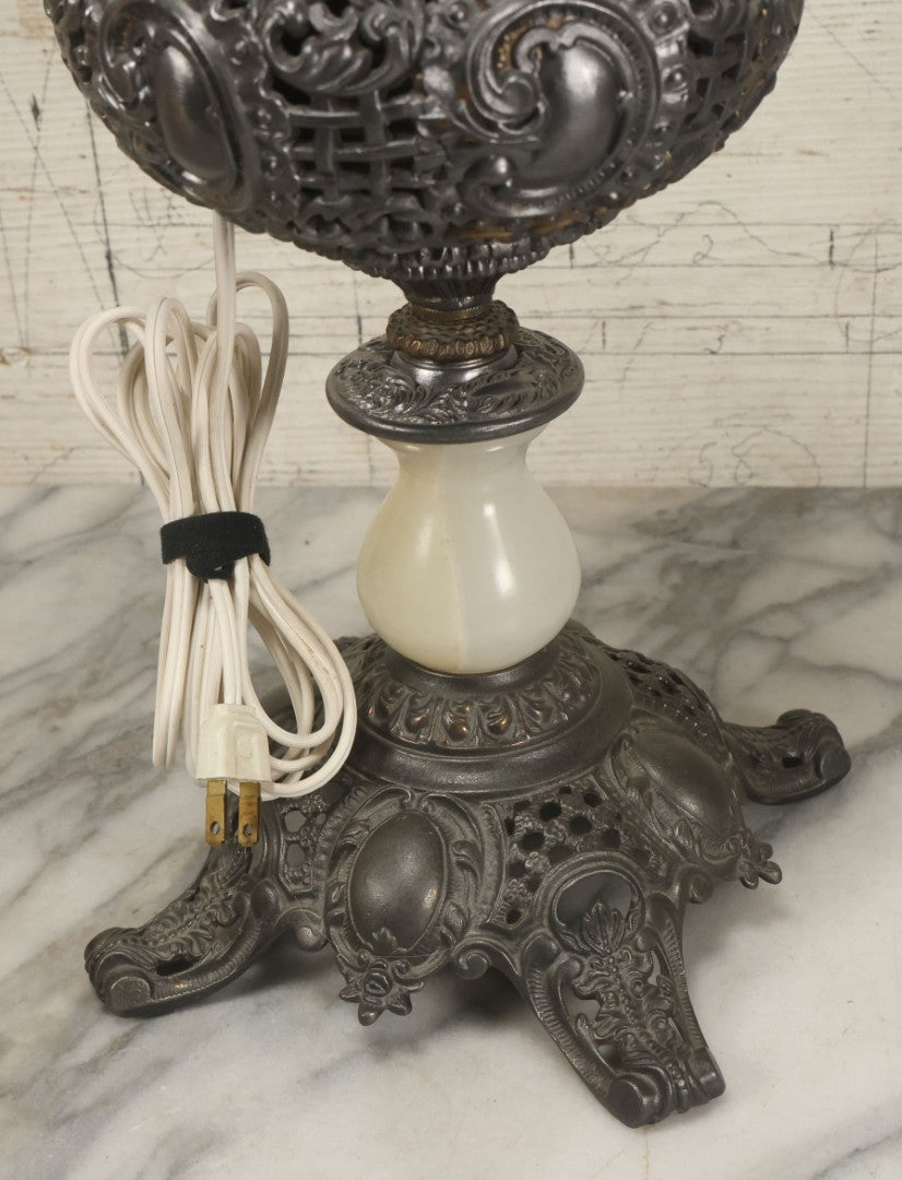 Lot 006 - Antique Victorian Electrified Gone With The Wind Oil Lamp With Ornate Metal Base & Embossed Cherub Glass Globe, Note Cracks, Repairs To Globe, Working Condition, Approximately 26" Overall Height