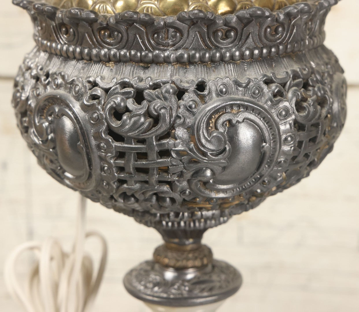 Lot 006 - Antique Victorian Electrified Gone With The Wind Oil Lamp With Ornate Metal Base & Embossed Cherub Glass Globe, Note Cracks, Repairs To Globe, Working Condition, Approximately 26" Overall Height