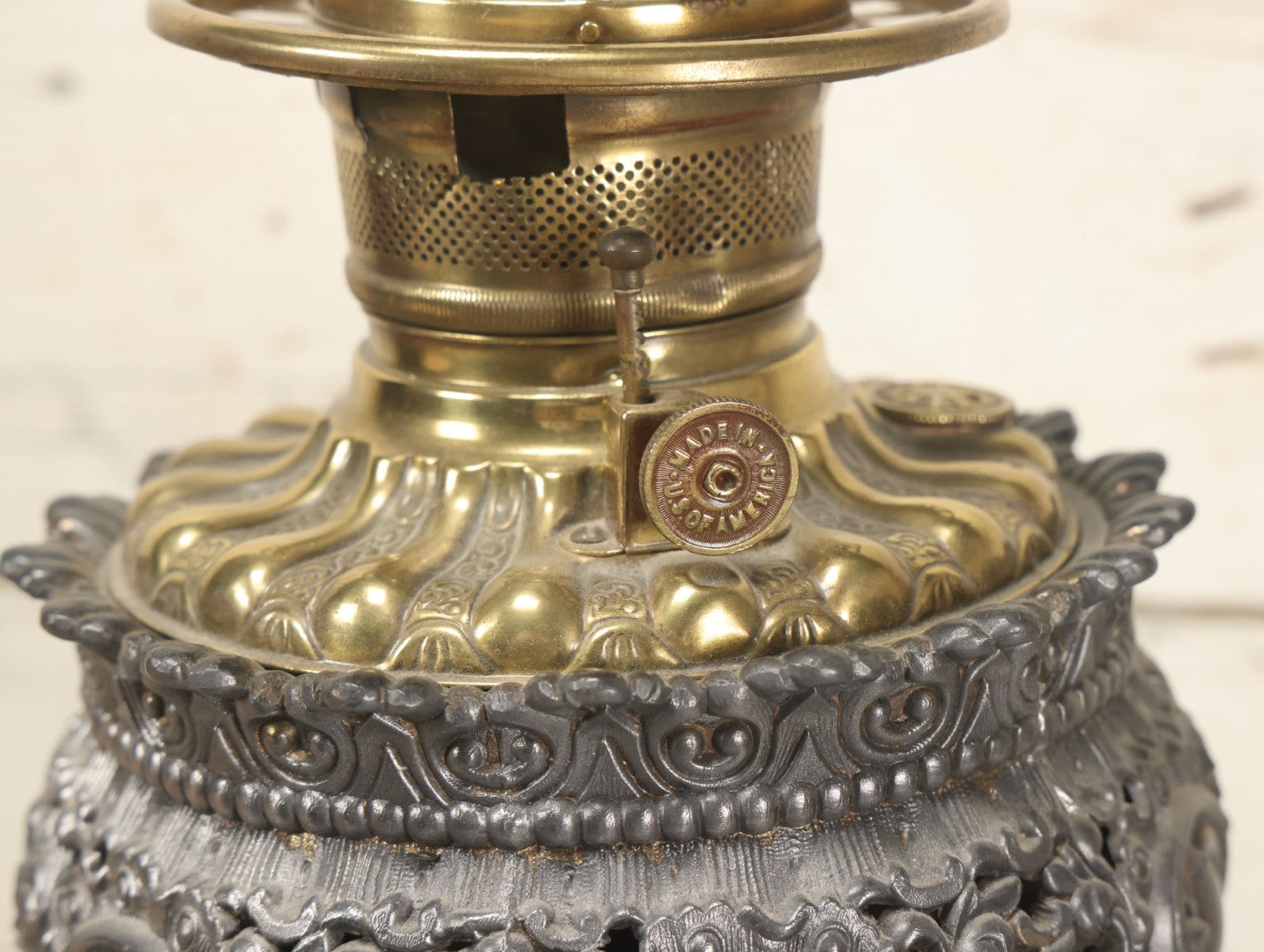 Lot 006 - Antique Victorian Electrified Gone With The Wind Oil Lamp With Ornate Metal Base & Embossed Cherub Glass Globe, Note Cracks, Repairs To Globe, Working Condition, Approximately 26" Overall Height