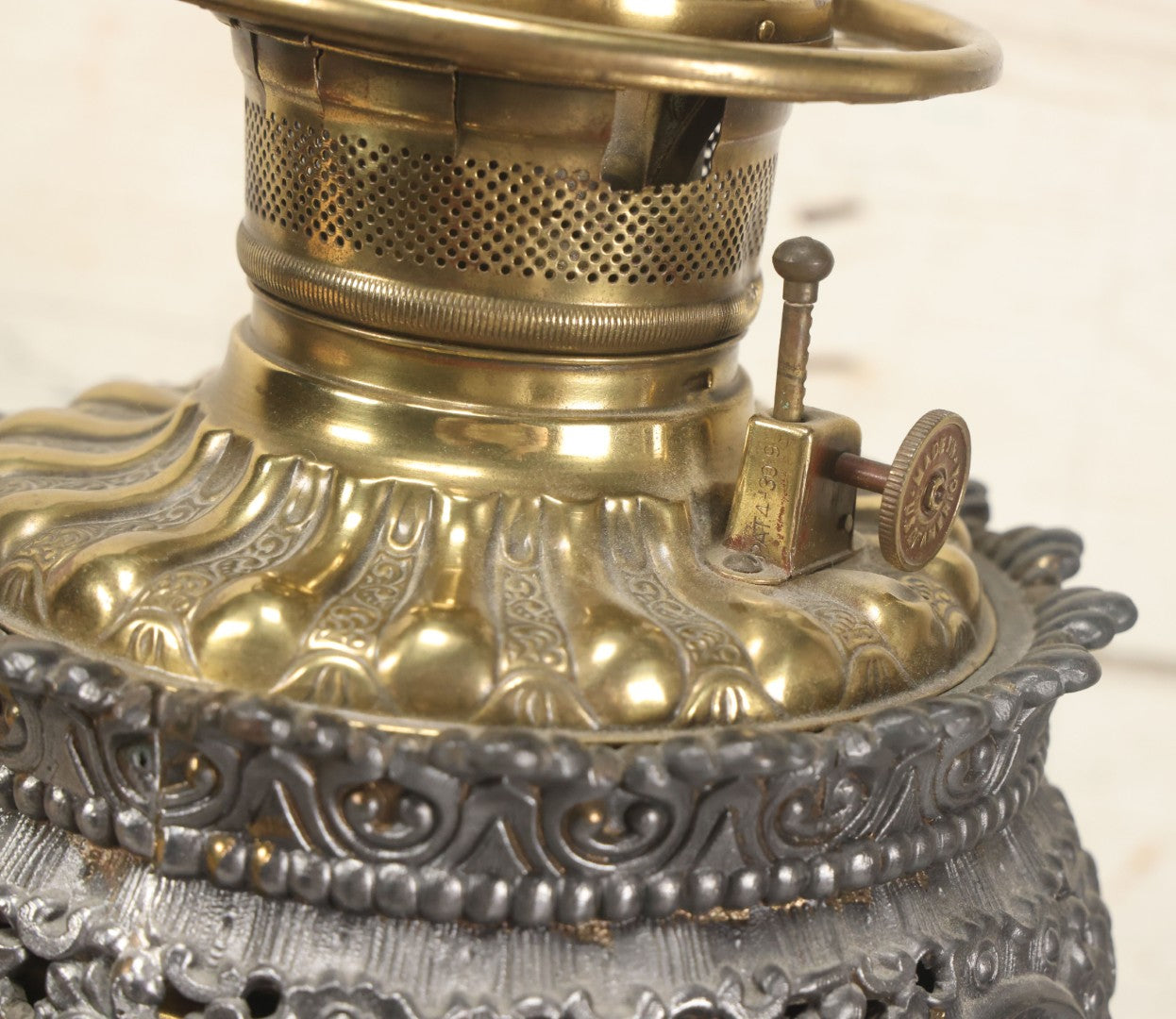 Lot 006 - Antique Victorian Electrified Gone With The Wind Oil Lamp With Ornate Metal Base & Embossed Cherub Glass Globe, Note Cracks, Repairs To Globe, Working Condition, Approximately 26" Overall Height