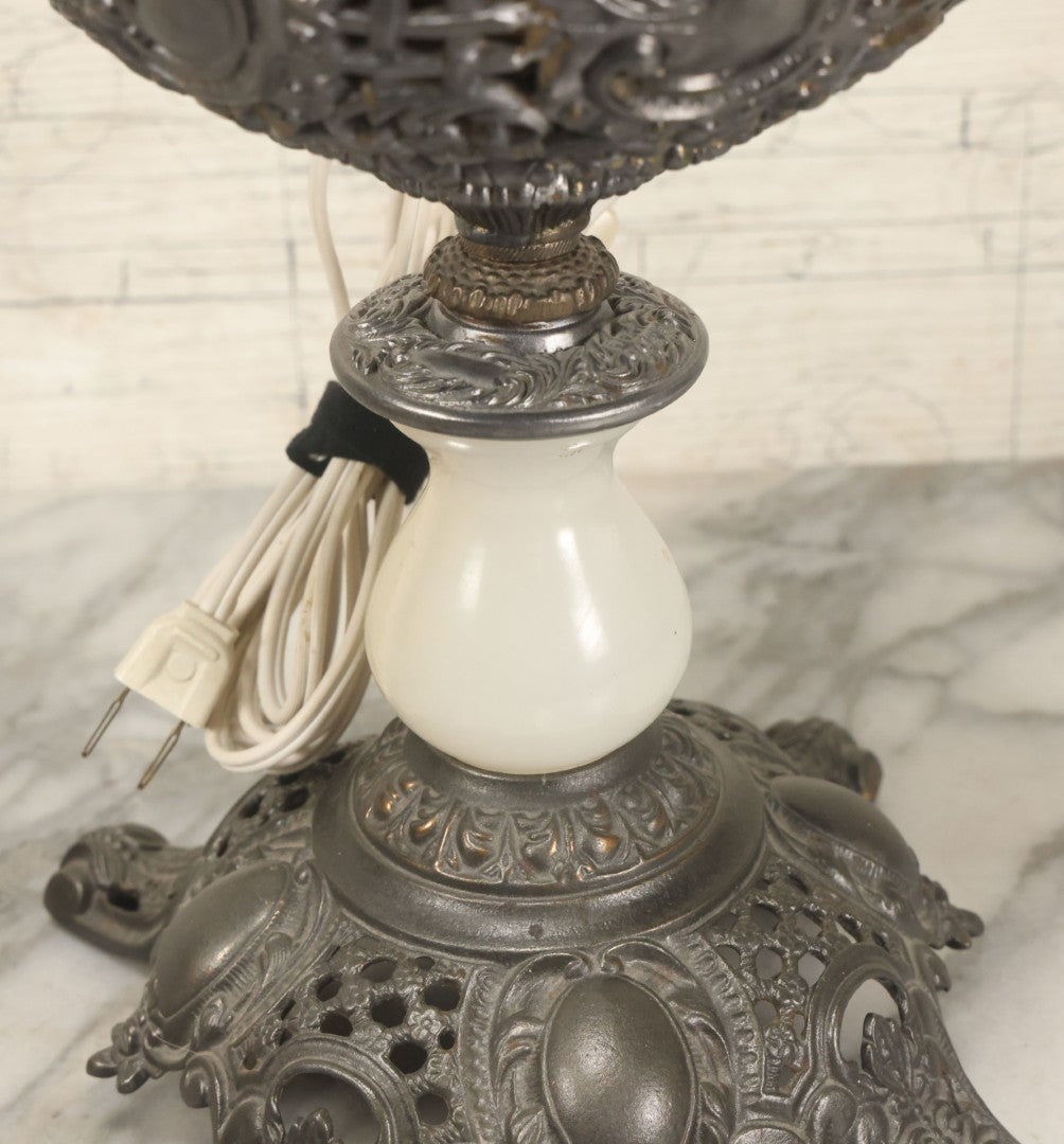Lot 006 - Antique Victorian Electrified Gone With The Wind Oil Lamp With Ornate Metal Base & Embossed Cherub Glass Globe, Note Cracks, Repairs To Globe, Working Condition, Approximately 26" Overall Height