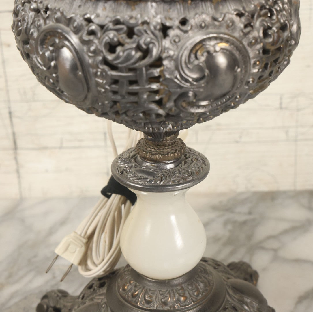 Lot 006 - Antique Victorian Electrified Gone With The Wind Oil Lamp With Ornate Metal Base & Embossed Cherub Glass Globe, Note Cracks, Repairs To Globe, Working Condition, Approximately 26" Overall Height