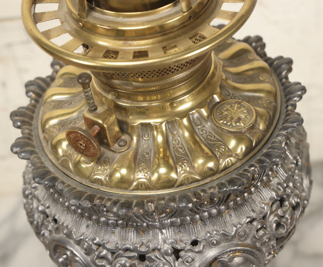 Lot 006 - Antique Victorian Electrified Gone With The Wind Oil Lamp With Ornate Metal Base & Embossed Cherub Glass Globe, Note Cracks, Repairs To Globe, Working Condition, Approximately 26" Overall Height