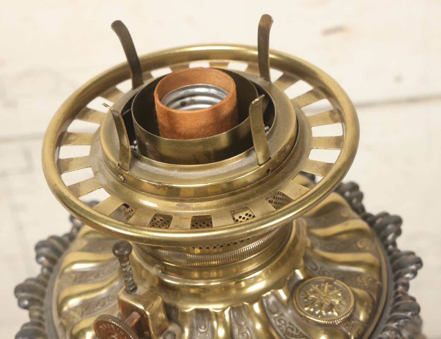 Lot 006 - Antique Victorian Electrified Gone With The Wind Oil Lamp With Ornate Metal Base & Embossed Cherub Glass Globe, Note Cracks, Repairs To Globe, Working Condition, Approximately 26" Overall Height