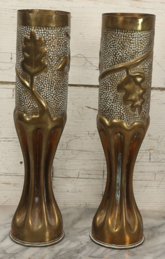 Lot 008 - Pair Of Wwi Era Trench Art Brass Shell Casing Vases, Embossed Oak Leaf & Acorn Design, 13-5/8" Height
