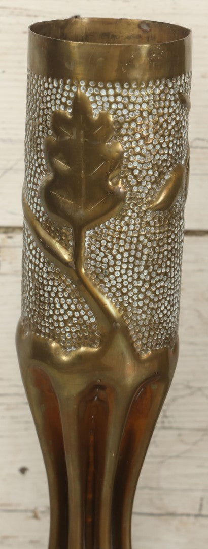 Lot 008 - Pair Of Wwi Era Trench Art Brass Shell Casing Vases, Embossed Oak Leaf & Acorn Design, 13-5/8" Height