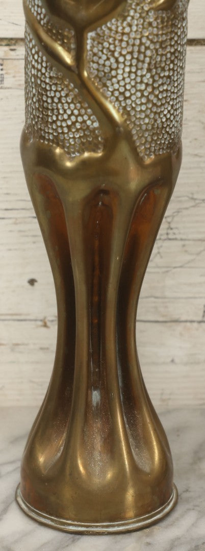 Lot 008 - Pair Of Wwi Era Trench Art Brass Shell Casing Vases, Embossed Oak Leaf & Acorn Design, 13-5/8" Height