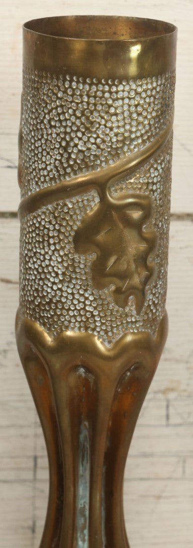 Lot 008 - Pair Of Wwi Era Trench Art Brass Shell Casing Vases, Embossed Oak Leaf & Acorn Design, 13-5/8" Height