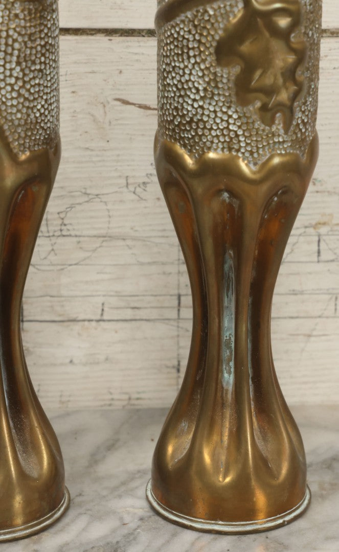 Lot 008 - Pair Of Wwi Era Trench Art Brass Shell Casing Vases, Embossed Oak Leaf & Acorn Design, 13-5/8" Height