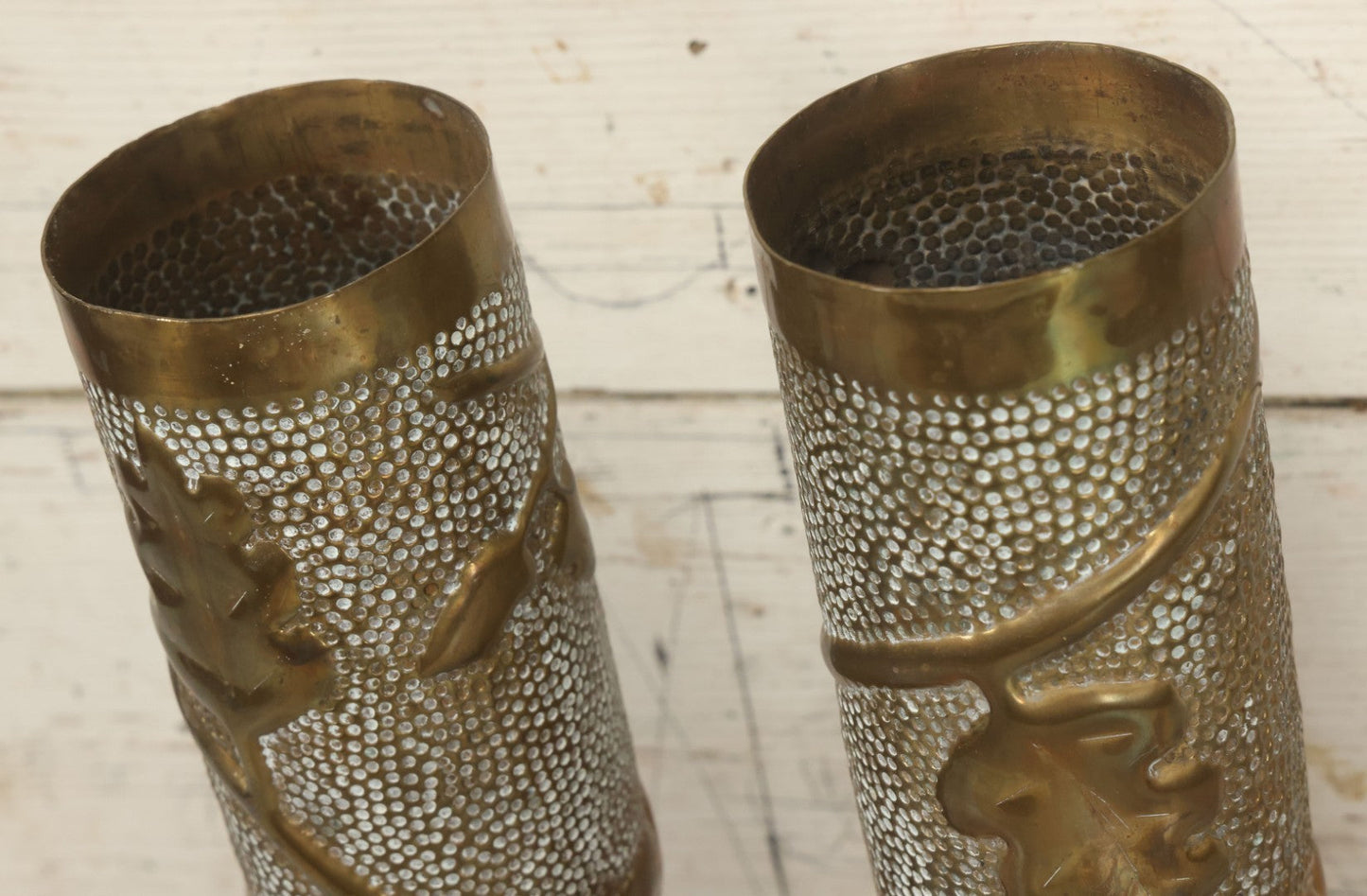 Lot 008 - Pair Of Wwi Era Trench Art Brass Shell Casing Vases, Embossed Oak Leaf & Acorn Design, 13-5/8" Height