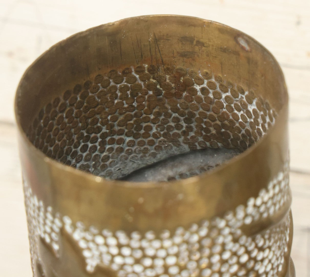 Lot 008 - Pair Of Wwi Era Trench Art Brass Shell Casing Vases, Embossed Oak Leaf & Acorn Design, 13-5/8" Height