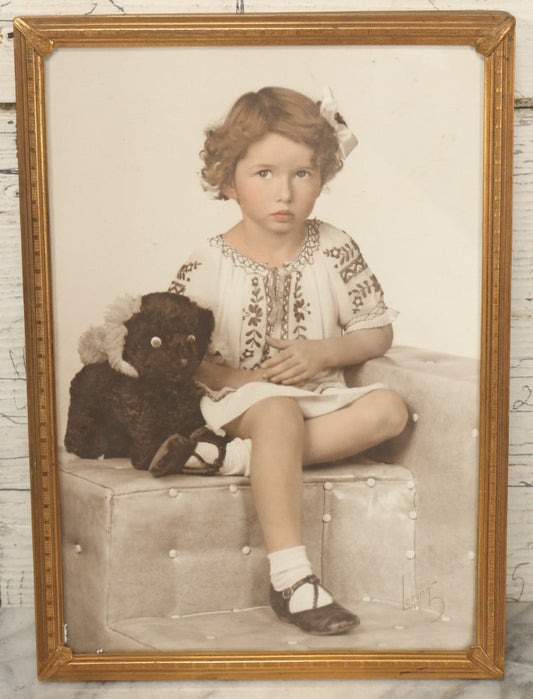 Lot 128 - Vintage Framed Photograph Of A Little Girl And Her Stuffed Bear Plush Toy, Loring Photographer, 1947,  7-1/4" x 10-1/4", Note Frame Kickstand Damage