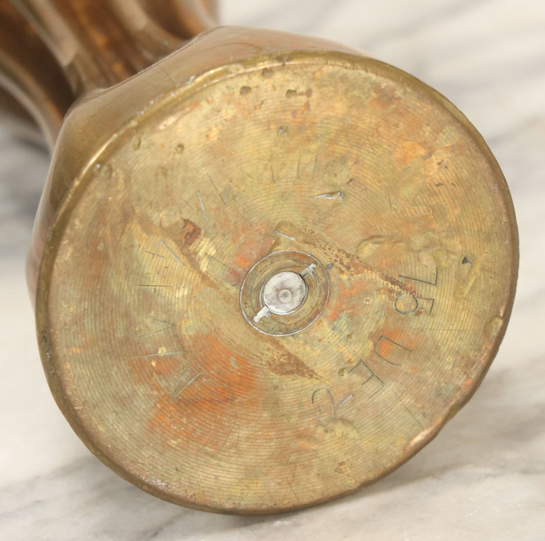 Lot 008 - Pair Of Wwi Era Trench Art Brass Shell Casing Vases, Embossed Oak Leaf & Acorn Design, 13-5/8" Height
