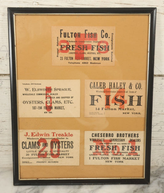 Lot 130 - Framed Grouping Of Five Vintage Trade Cards For Fresh Fish Companies From New York City, Including Fulton Fish Co., Caleb Haley & Co., Chesebro Brothers, And More, 11-1/8" x 14-1/8"