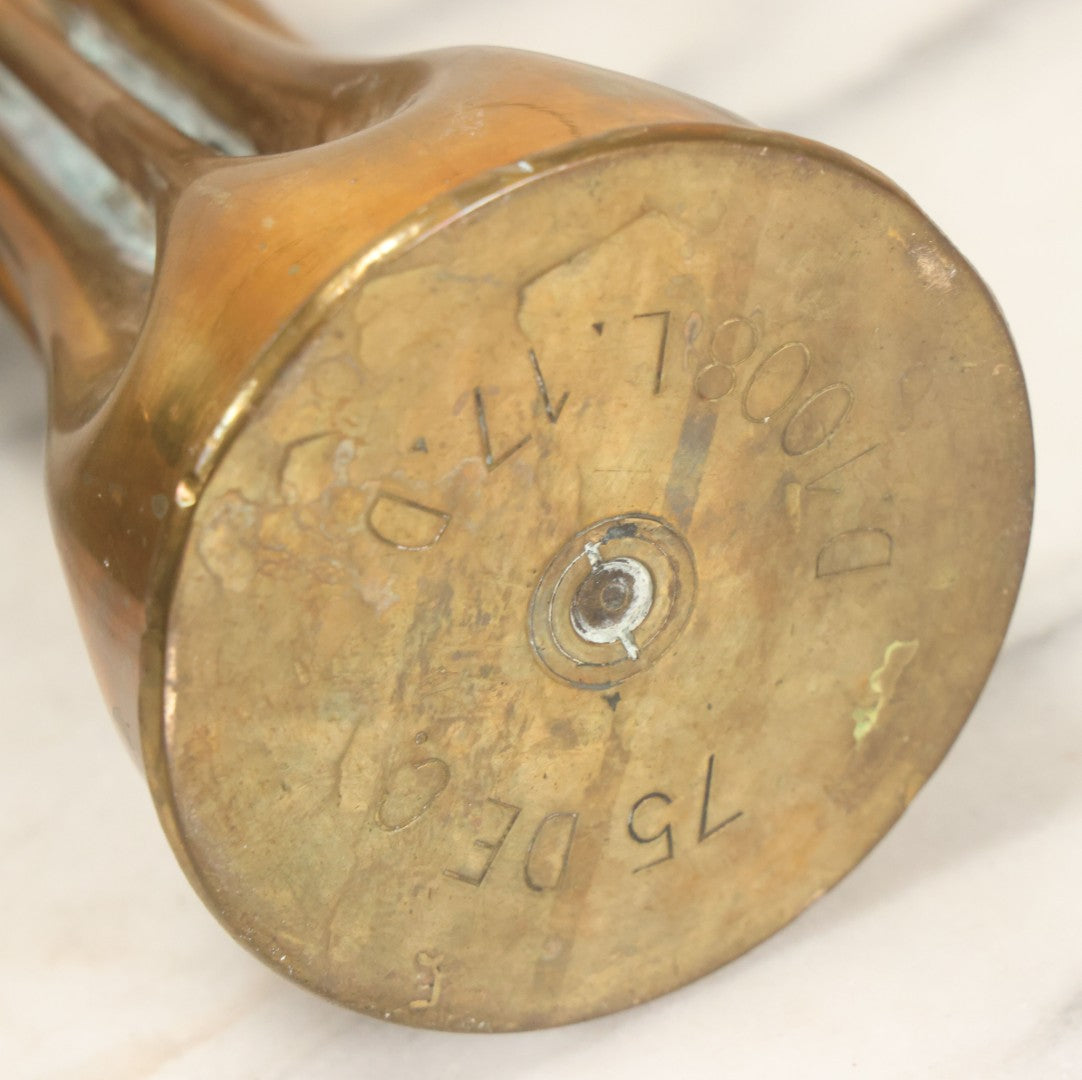 Lot 008 - Pair Of Wwi Era Trench Art Brass Shell Casing Vases, Embossed Oak Leaf & Acorn Design, 13-5/8" Height