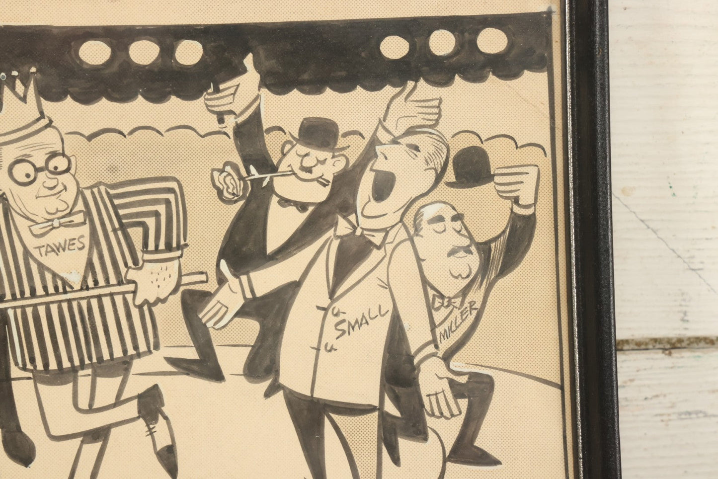 Lot 131 - Vintage Hand Drawn Original Political Cartoon Lampooning Maryland Politics, Featuring The Likenesses Of Governor J. Millard Tawes, Daniel Brewster, John A. Small, Thomas B. Miller, And John K. Bos, Circa 1960s, In Frame, 11-3/4" x 14-5/8"
