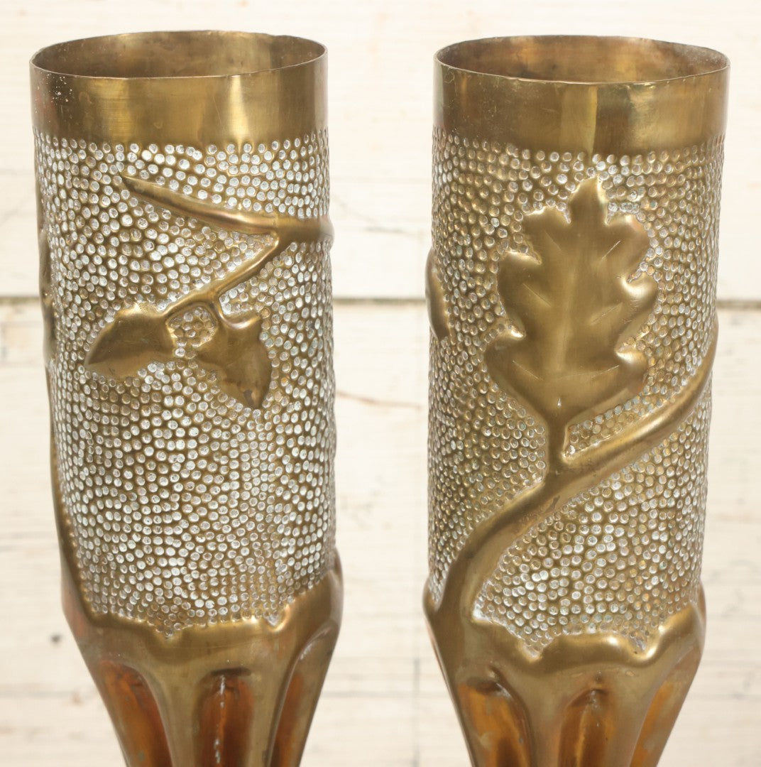 Lot 008 - Pair Of Wwi Era Trench Art Brass Shell Casing Vases, Embossed Oak Leaf & Acorn Design, 13-5/8" Height
