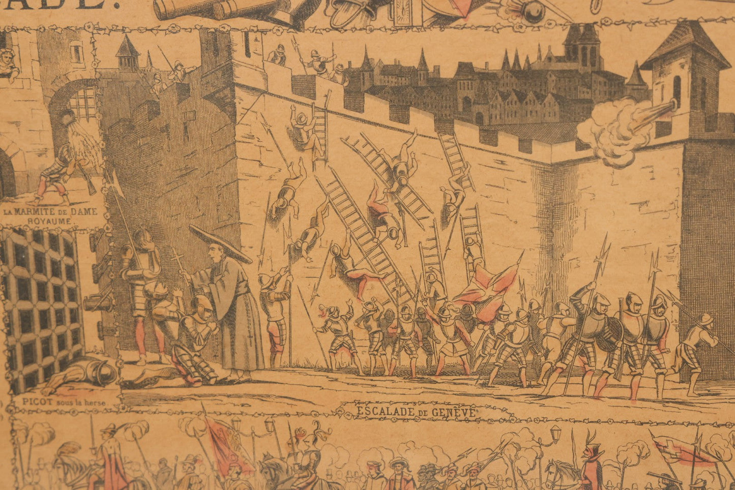 Lot 132 - Antique Hand Colored Historical Print Depicting The Geneva Escalade Attack Of 1602, By Imagerie D'Épinal Printing House, France