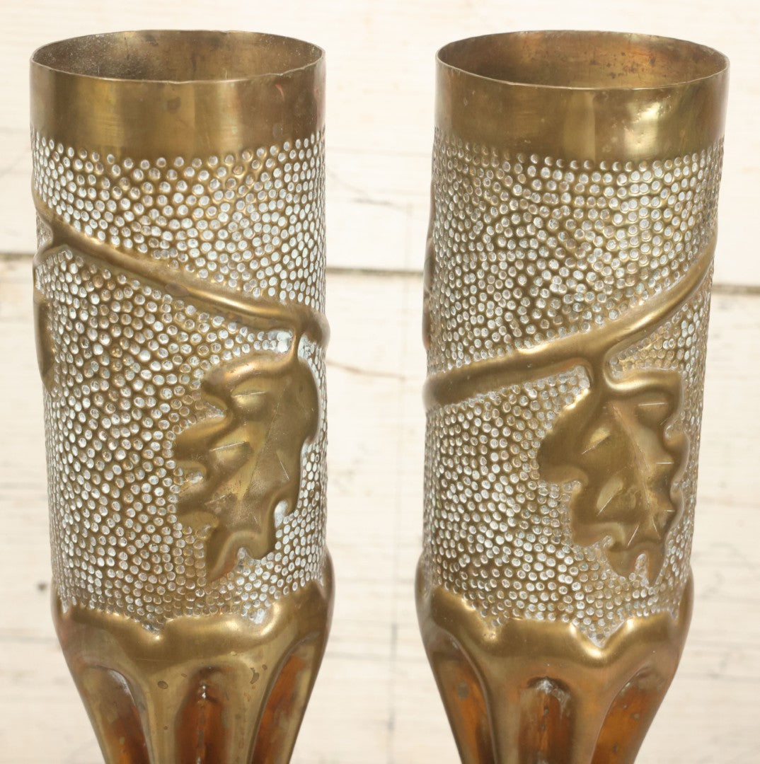 Lot 008 - Pair Of Wwi Era Trench Art Brass Shell Casing Vases, Embossed Oak Leaf & Acorn Design, 13-5/8" Height