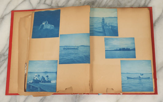Lot 133 - Antique Red Scrapbook Photo Album With Many Cyanotype And Snapshot Photographs Including Lake Winnipesaukee, New Hampshire, Circa 1900-1905 (All Pages Pictured)
