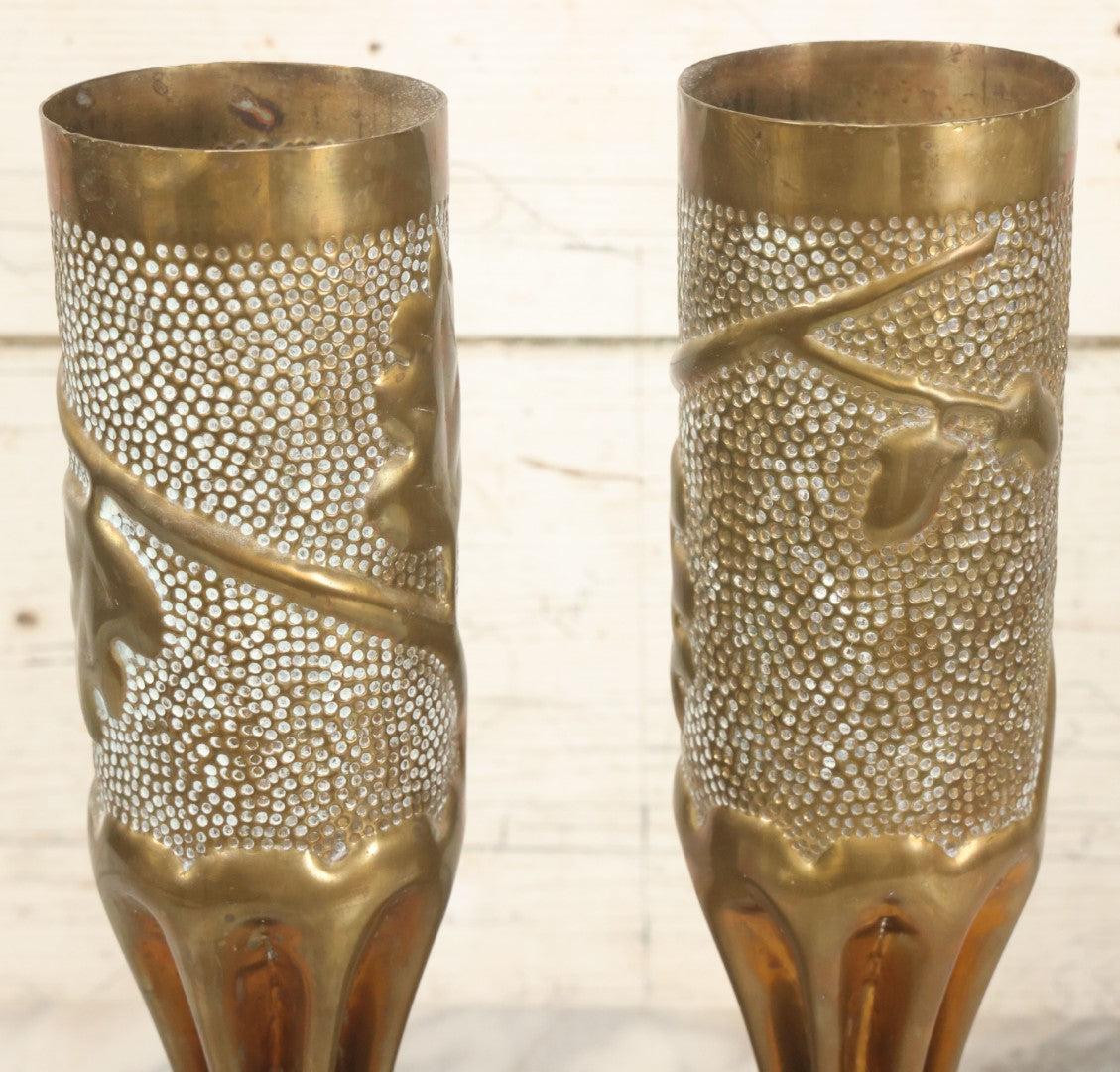 Lot 008 - Pair Of Wwi Era Trench Art Brass Shell Casing Vases, Embossed Oak Leaf & Acorn Design, 13-5/8" Height