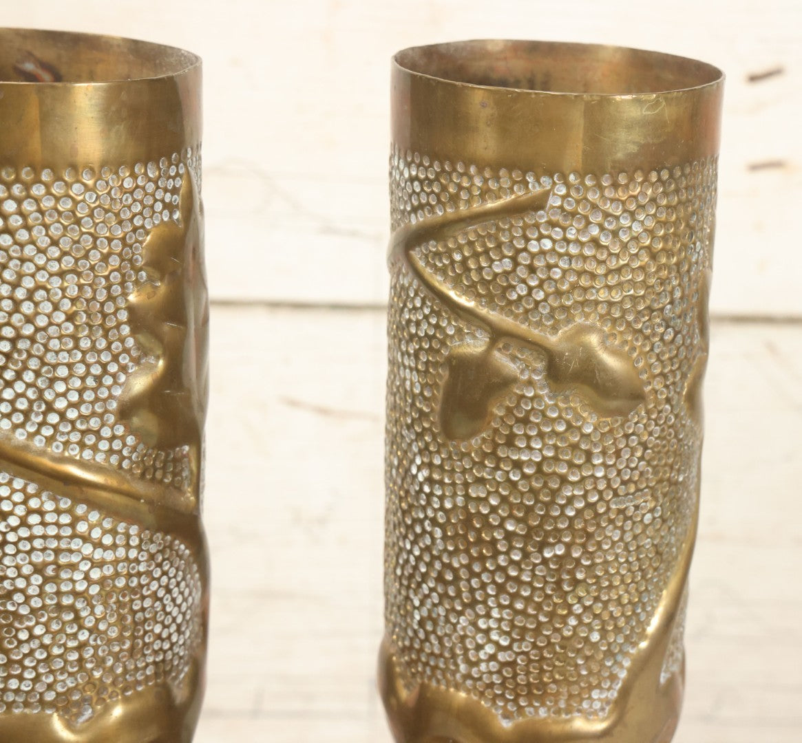Lot 008 - Pair Of Wwi Era Trench Art Brass Shell Casing Vases, Embossed Oak Leaf & Acorn Design, 13-5/8" Height