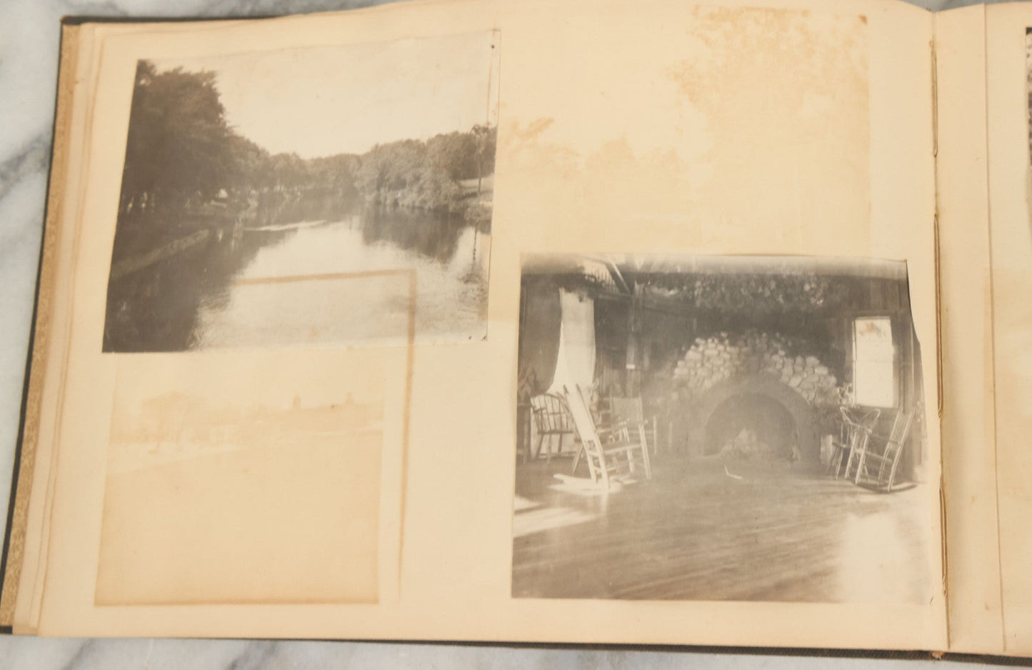 Lot 134 - Antique Black Photo Album With Many Snapshot Photographs, Including Of Boats, Ships, Interior Victorian Homes, Dogs, Young Folks Goofing Around, Etc., Circa 1900-1905 (All Pages Pictured)