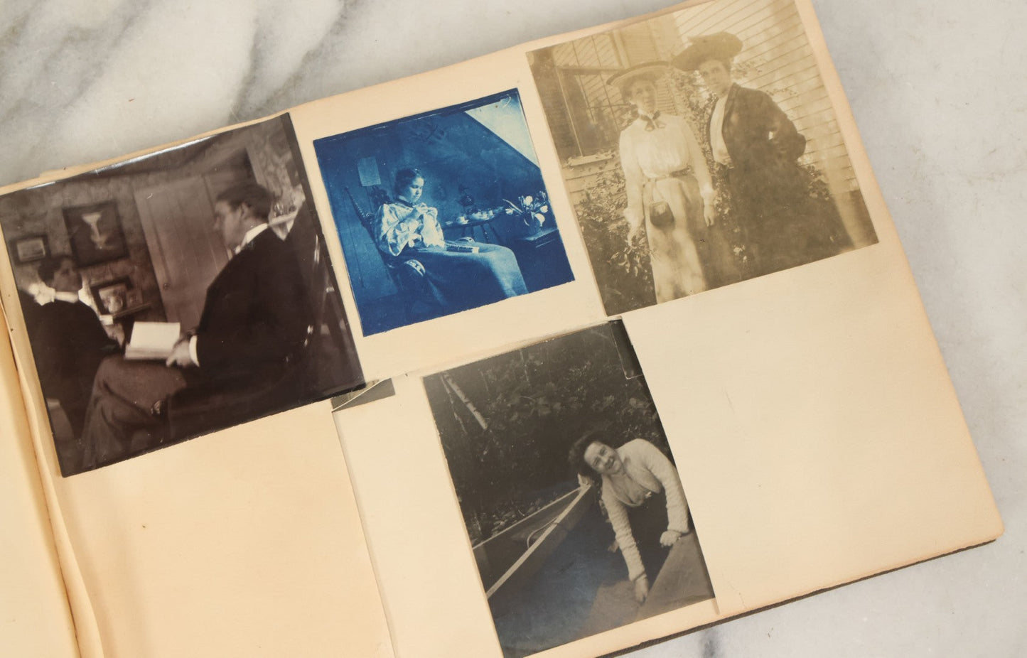 Lot 134 - Antique Black Photo Album With Many Snapshot Photographs, Including Of Boats, Ships, Interior Victorian Homes, Dogs, Young Folks Goofing Around, Etc., Circa 1900-1905 (All Pages Pictured)