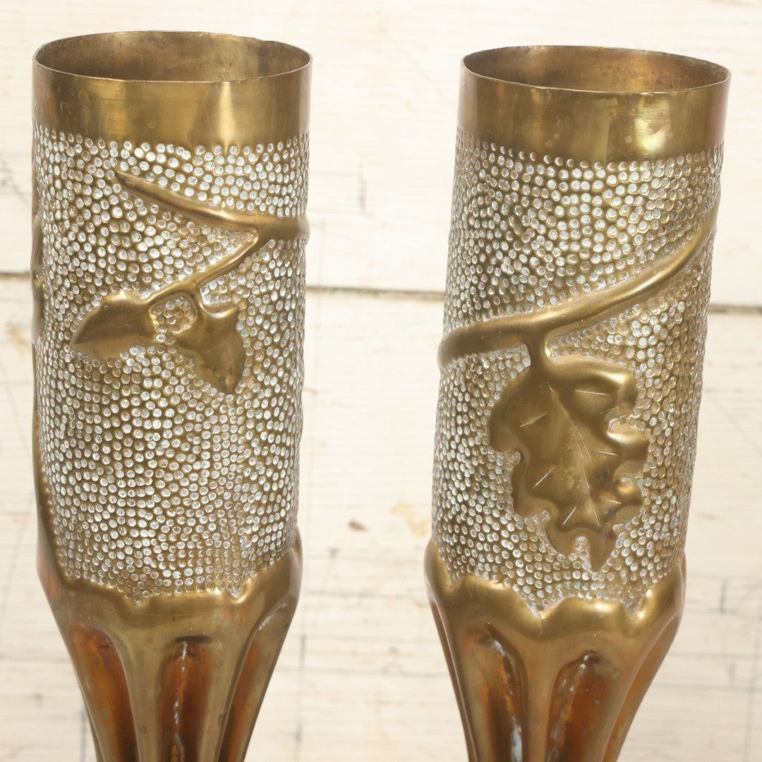 Lot 008 - Pair Of Wwi Era Trench Art Brass Shell Casing Vases, Embossed Oak Leaf & Acorn Design, 13-5/8" Height