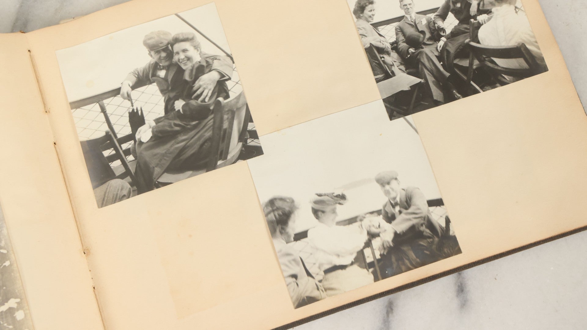 Lot 134 - Antique Black Photo Album With Many Snapshot Photographs, Including Of Boats, Ships, Interior Victorian Homes, Dogs, Young Folks Goofing Around, Etc., Circa 1900-1905 (All Pages Pictured)