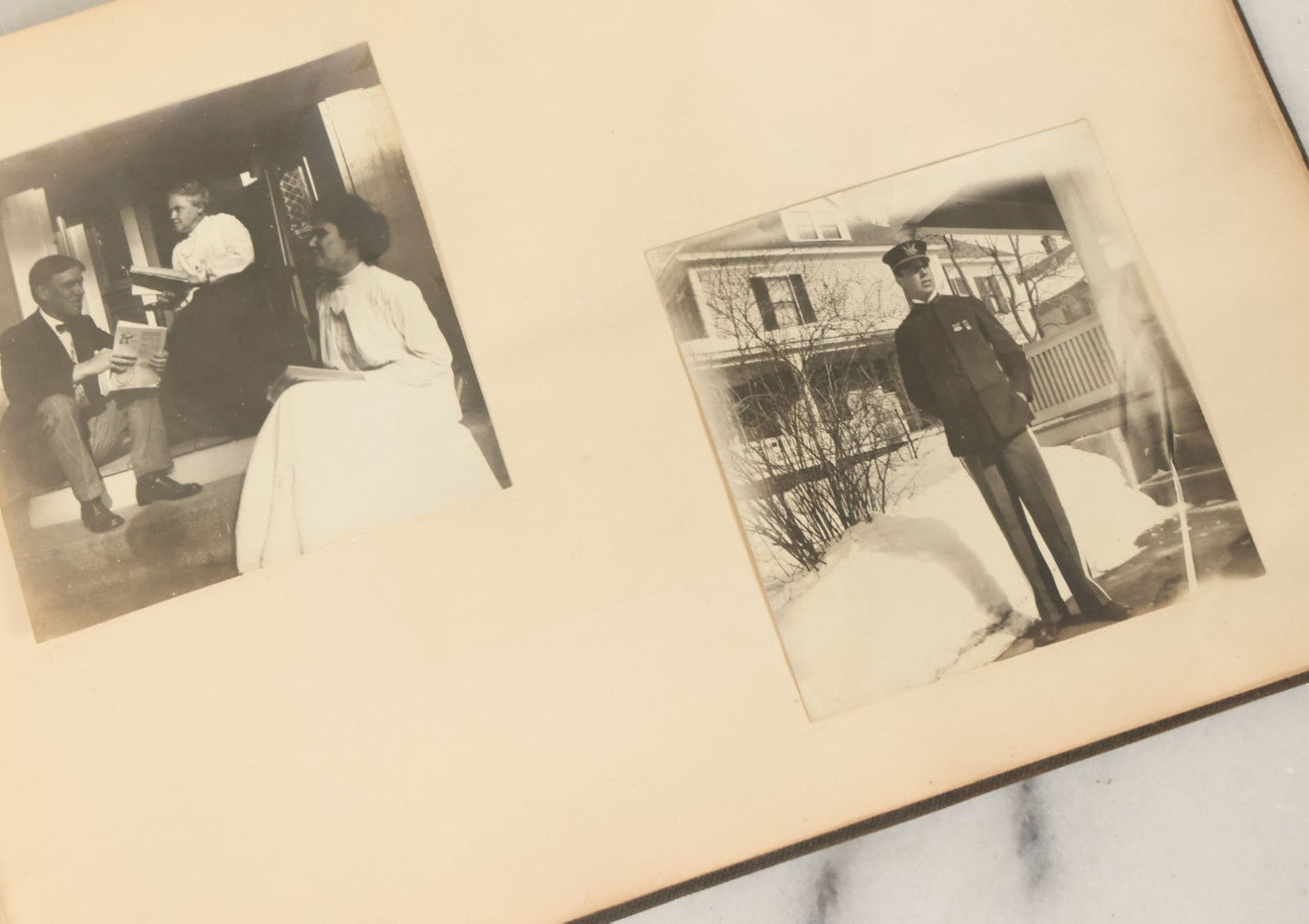 Lot 134 - Antique Black Photo Album With Many Snapshot Photographs, Including Of Boats, Ships, Interior Victorian Homes, Dogs, Young Folks Goofing Around, Etc., Circa 1900-1905 (All Pages Pictured)