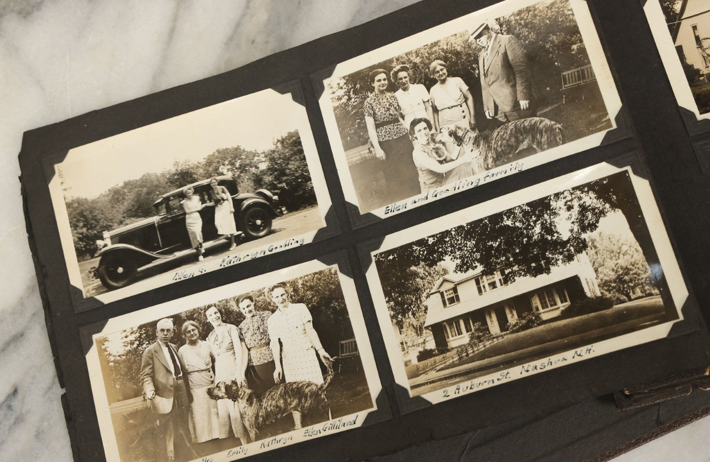 Lot 135 - Vintage Brown Photo Album With Detached Cover And Many Snapshot Photographs Including Gravestones, Houses, Churches, In And Around Nashua New Hampshire, Circa 1935 (All Pages Pictured)