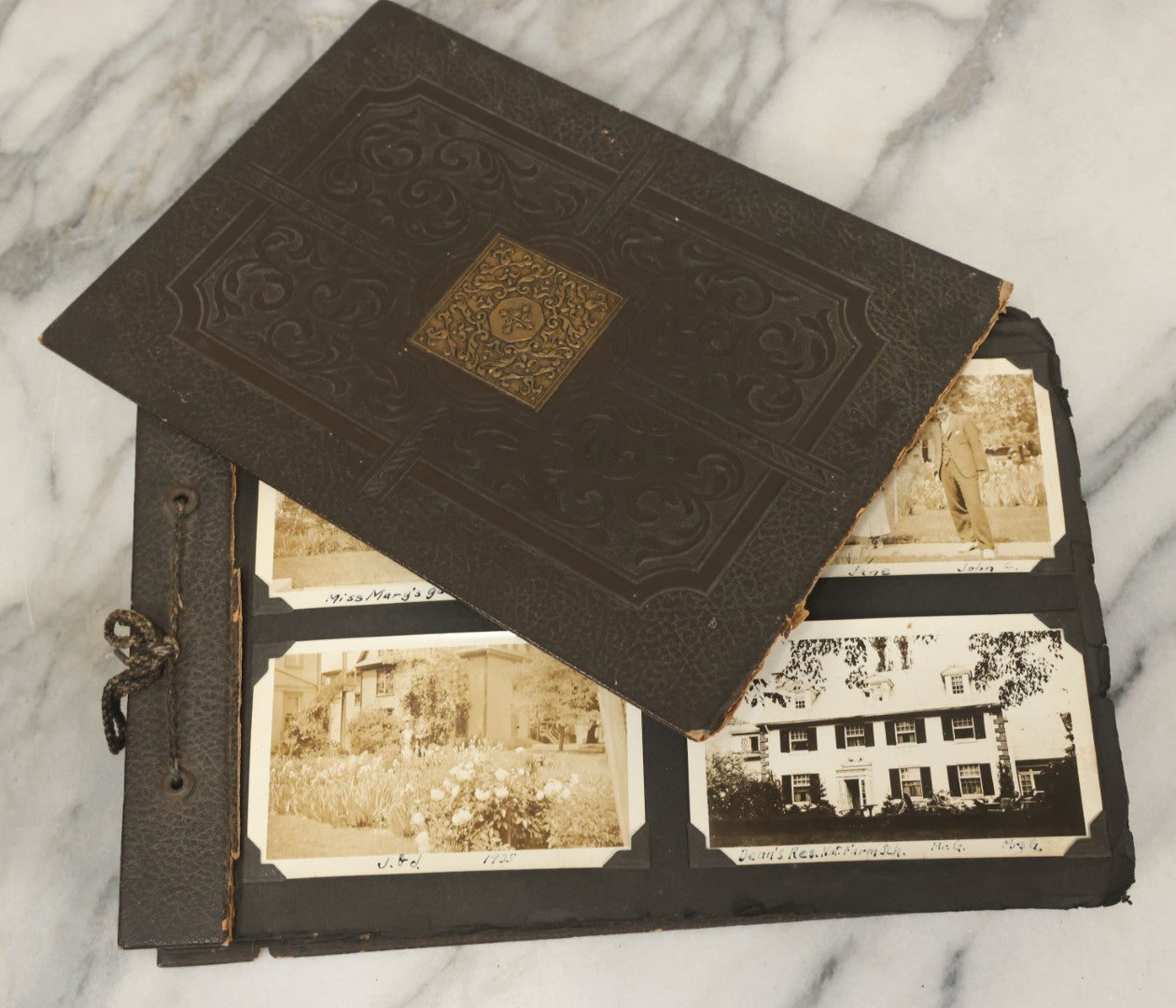 Lot 135 - Vintage Brown Photo Album With Detached Cover And Many Snapshot Photographs Including Gravestones, Houses, Churches, In And Around Nashua New Hampshire, Circa 1935 (All Pages Pictured)