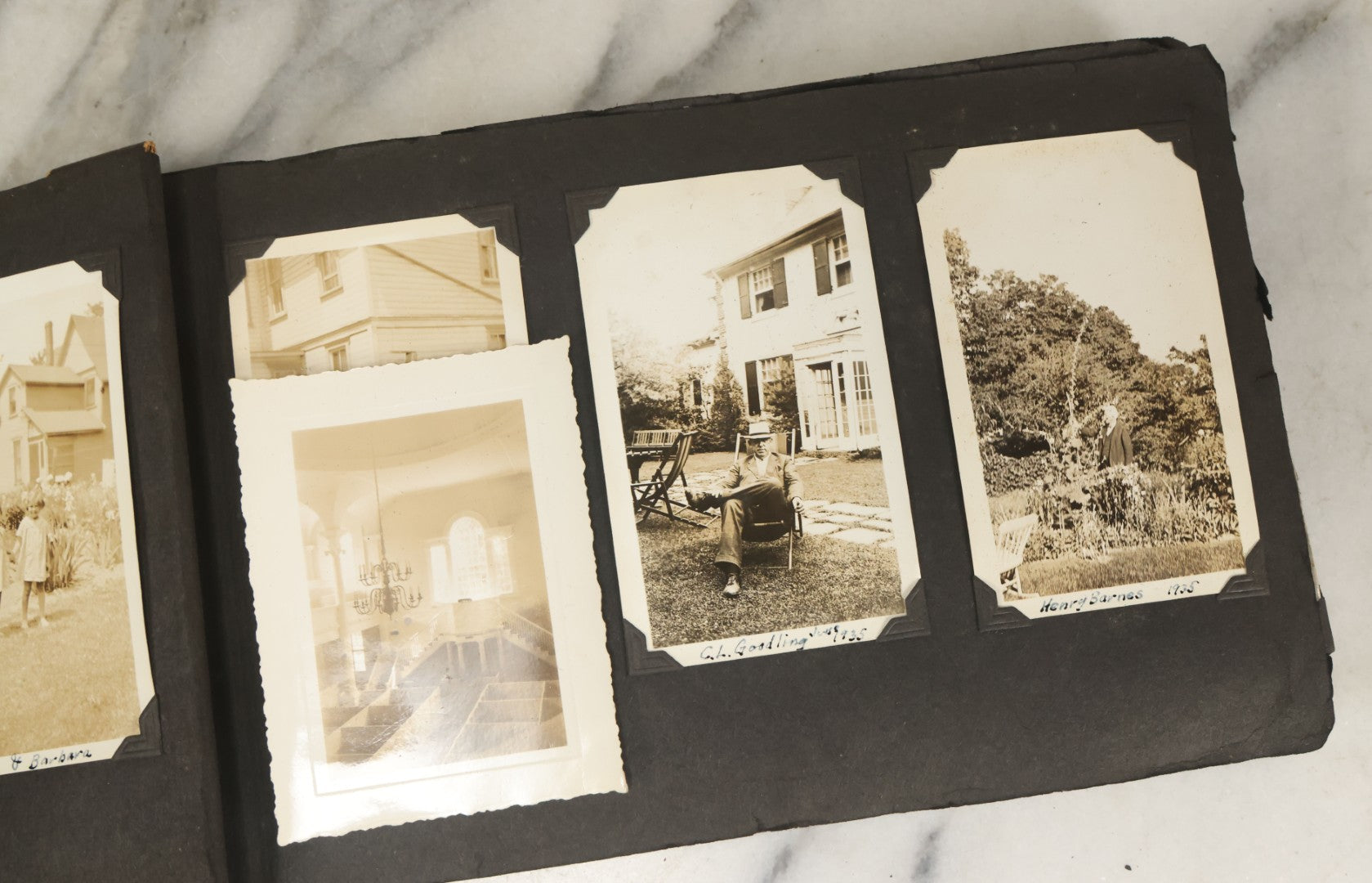 Lot 135 - Vintage Brown Photo Album With Detached Cover And Many Snapshot Photographs Including Gravestones, Houses, Churches, In And Around Nashua New Hampshire, Circa 1935 (All Pages Pictured)