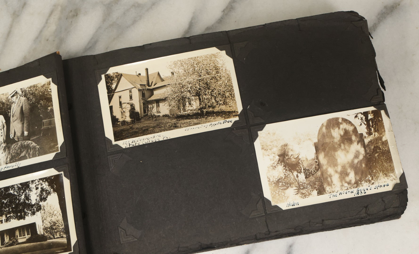 Lot 135 - Vintage Brown Photo Album With Detached Cover And Many Snapshot Photographs Including Gravestones, Houses, Churches, In And Around Nashua New Hampshire, Circa 1935 (All Pages Pictured)