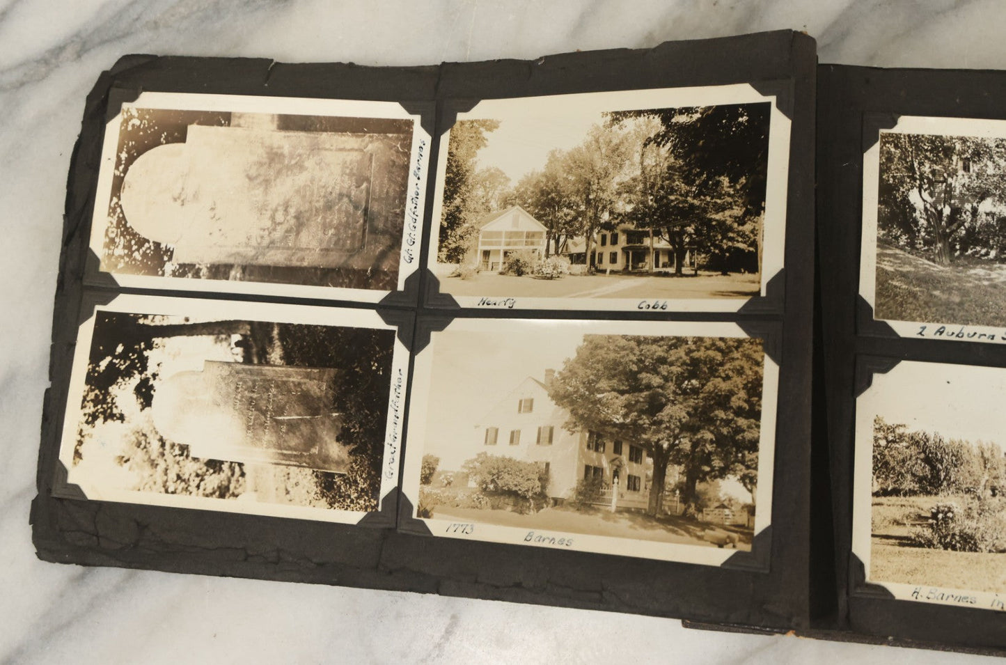 Lot 135 - Vintage Brown Photo Album With Detached Cover And Many Snapshot Photographs Including Gravestones, Houses, Churches, In And Around Nashua New Hampshire, Circa 1935 (All Pages Pictured)